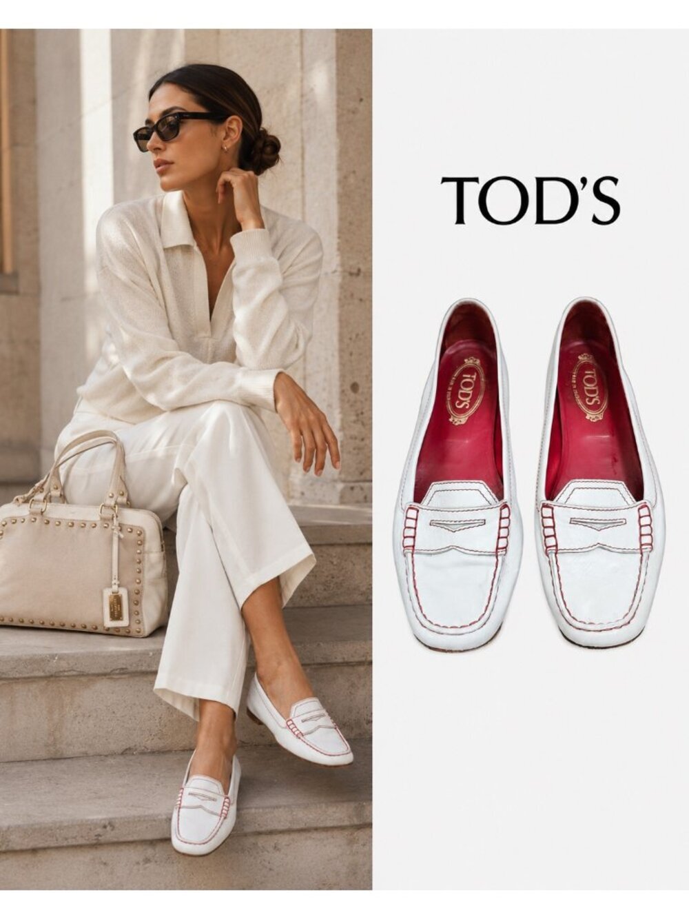TOD'S White Leather Driving Loafers Red Contrast Stitch Penny Flats Women's 9.5